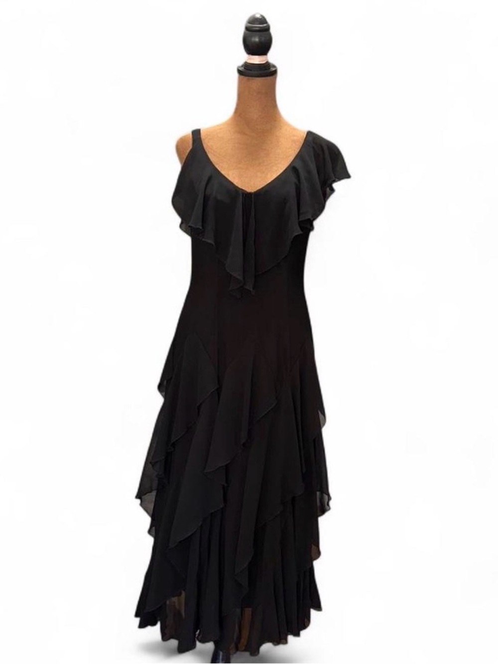 Elegant Black Ruffled V-Neck Maxi Dress Size 6